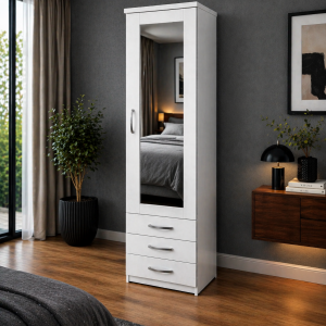 1 Door Mirrored Tall Wardrobe with 3 Drawers