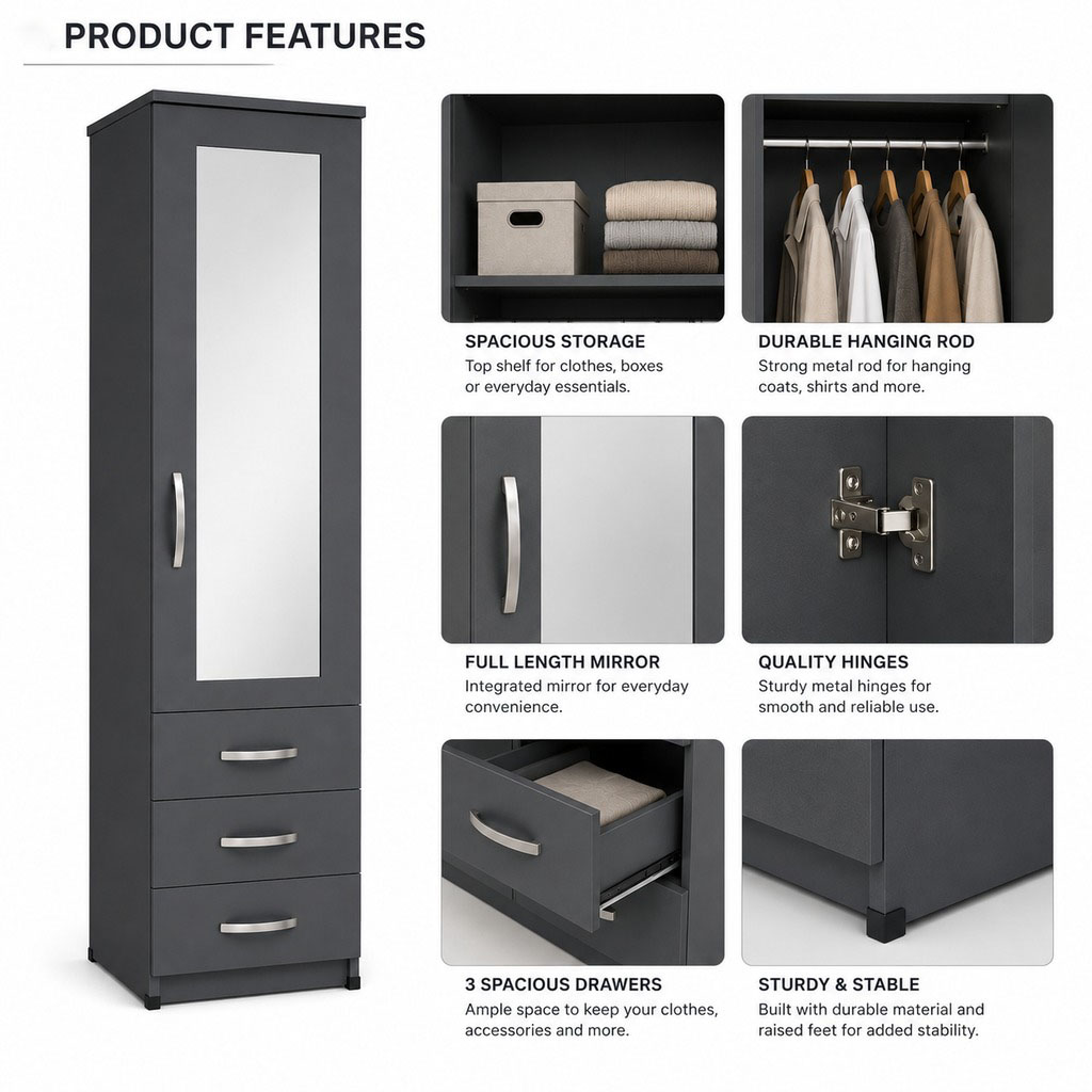 1 Door Mirrored Tall Wardrobe with 3 Drawers