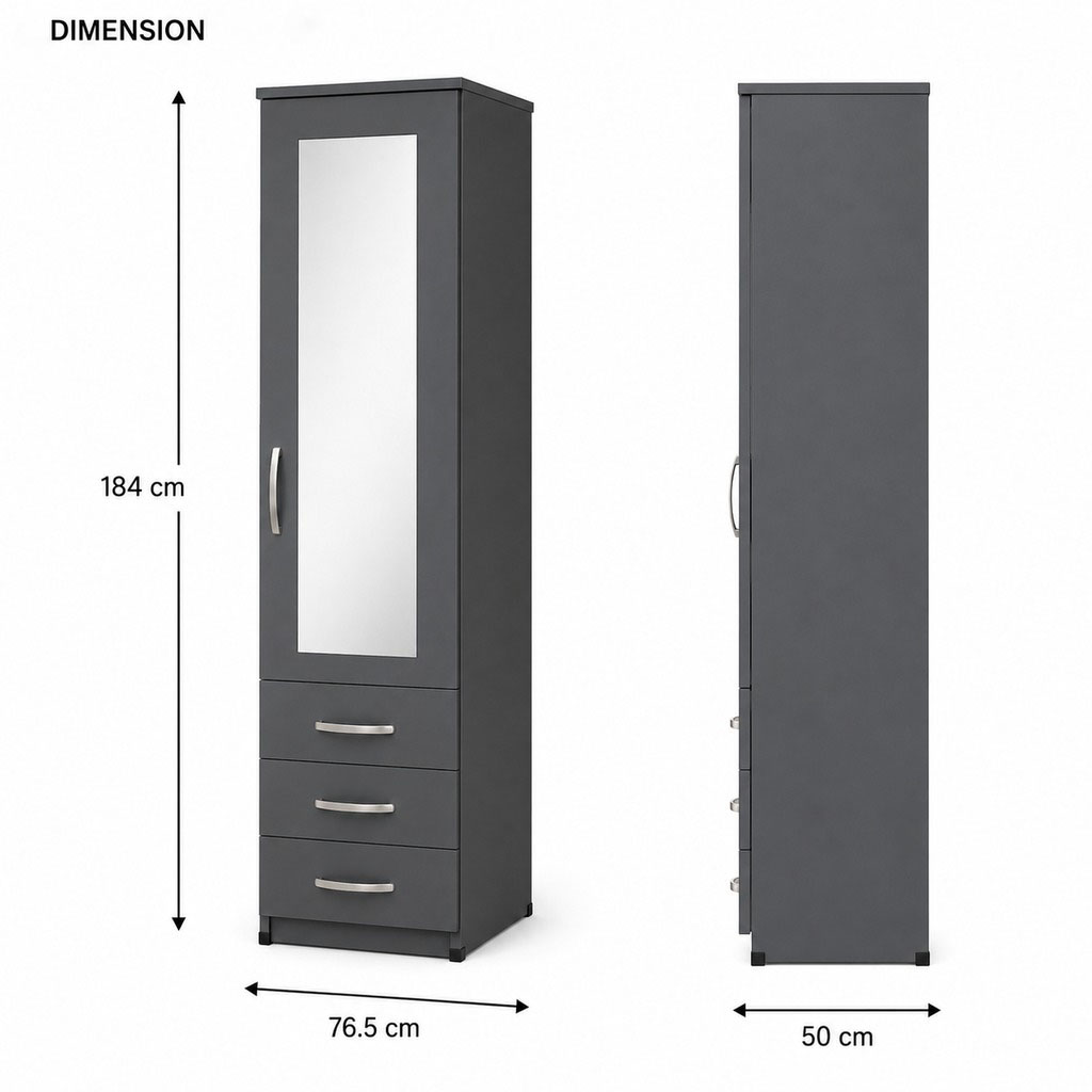 1 Door Mirrored Tall Wardrobe with 3 Drawers
