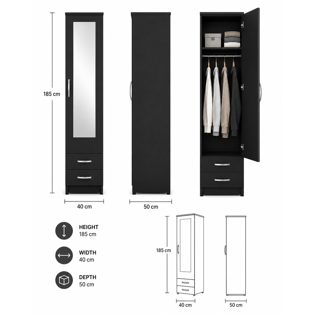 1 door mirrored wardrobe with 2 drawers