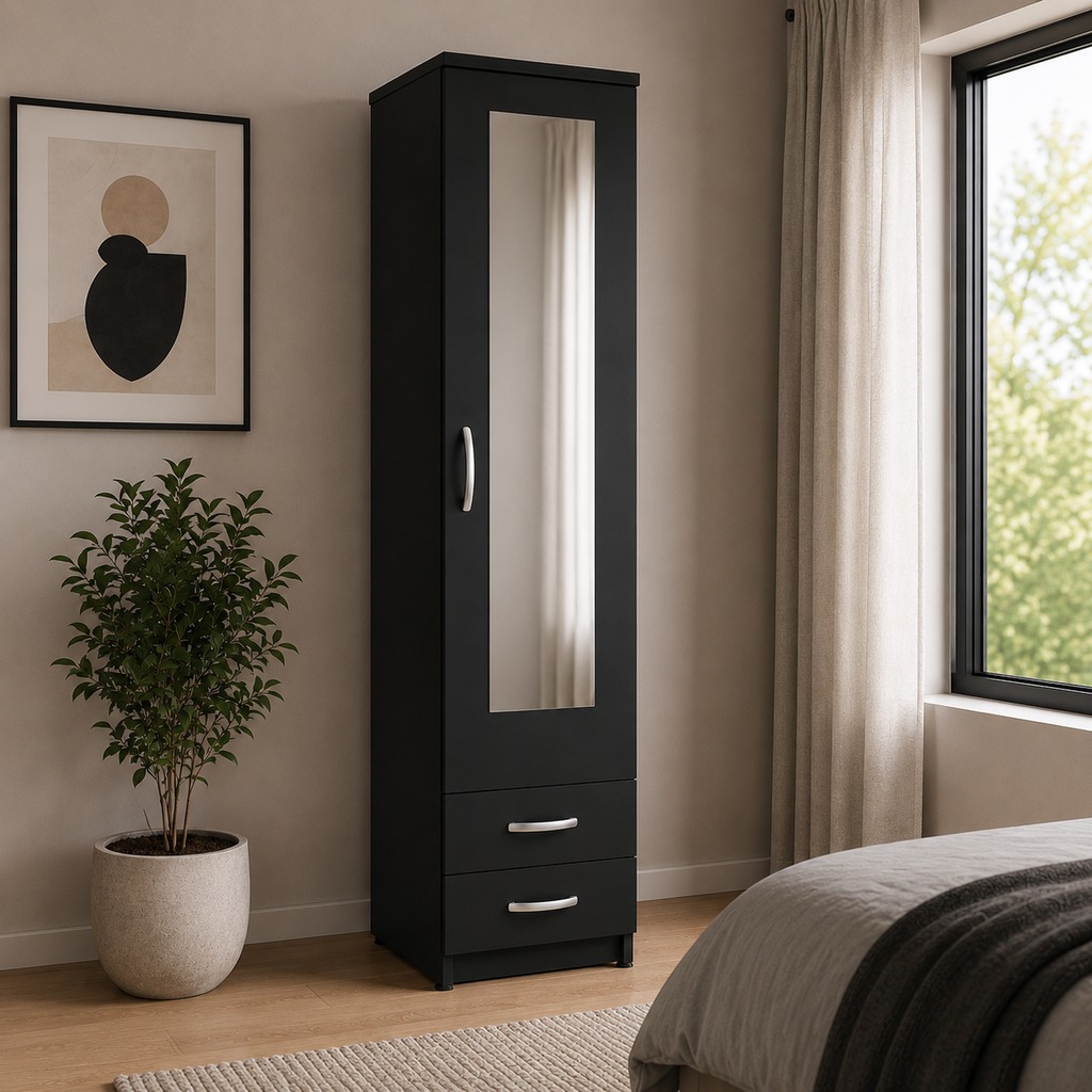 1 door mirrored wardrobe with 2 drawers
