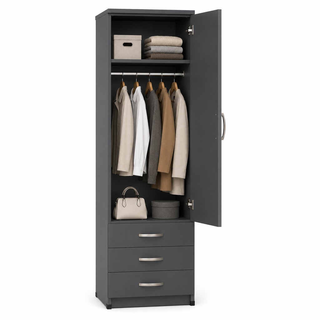1 Door Mirrored Tall Wardrobe with 3 Drawers