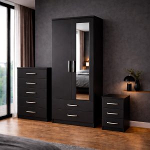2 Door Mirrored Wardrobe Set with 1 Chest and Side table