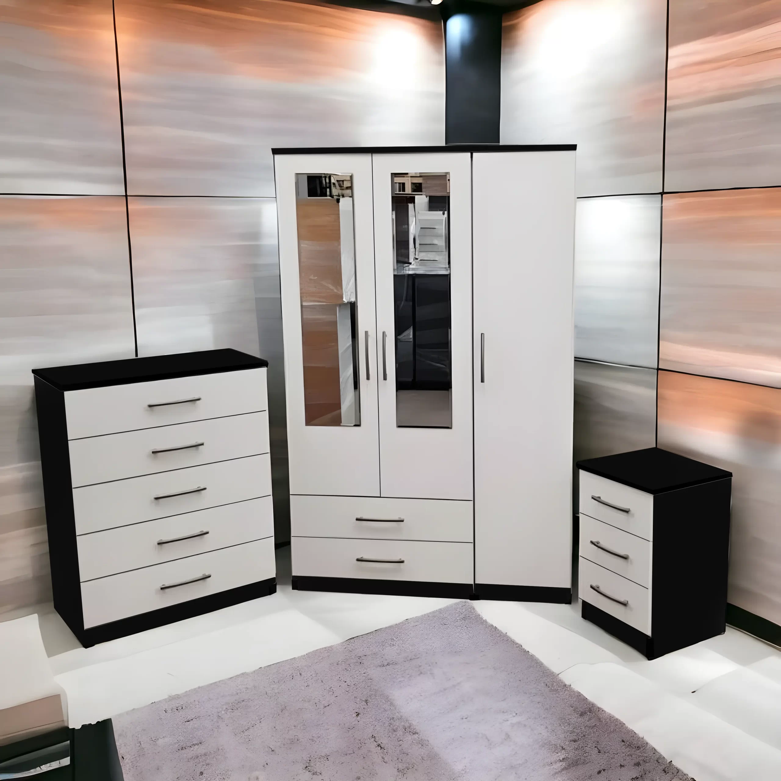 3 door mirrored wardrobe with 1 chest and 1 side table - Image 2