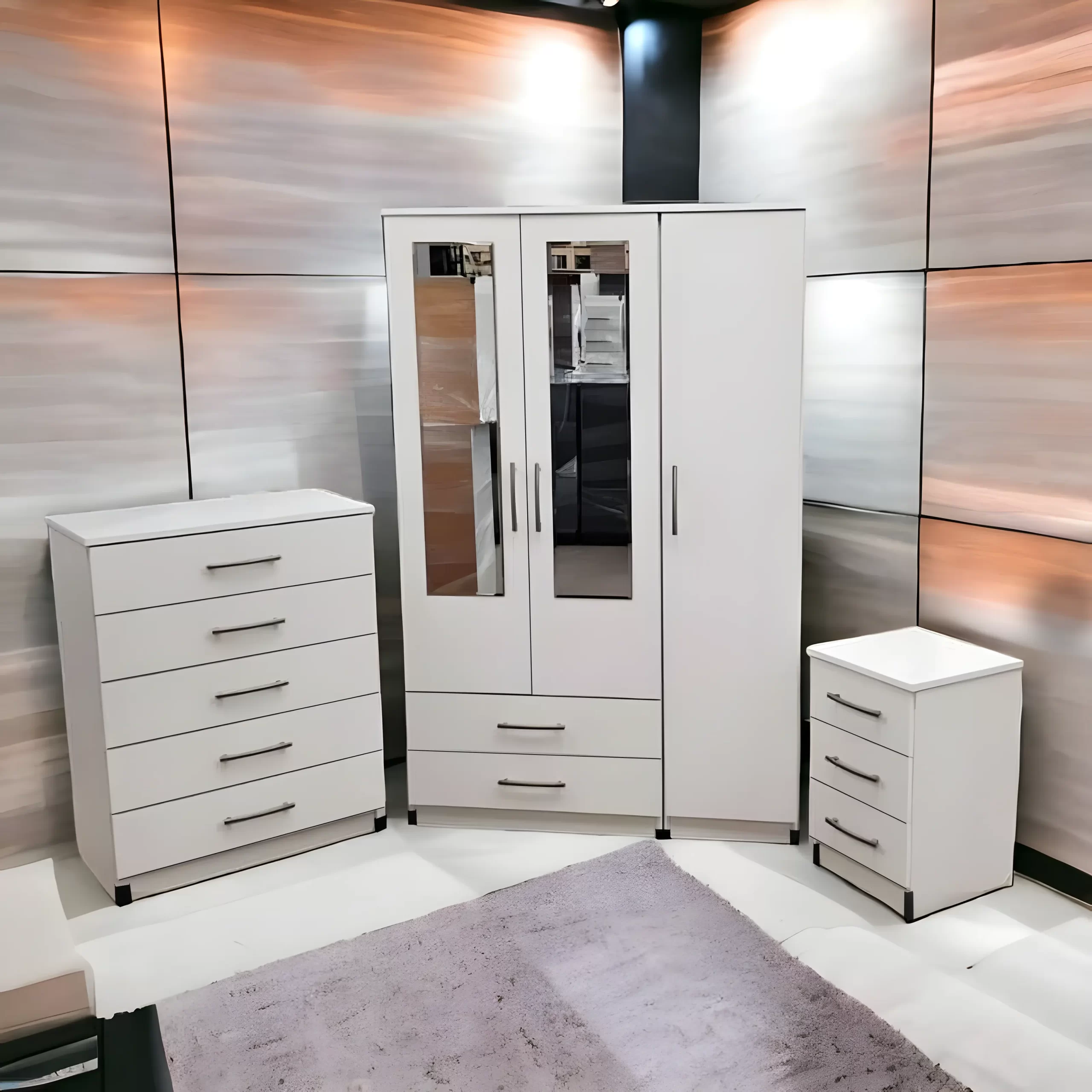 3 door mirrored wardrobe with 1 chest and 1 side table