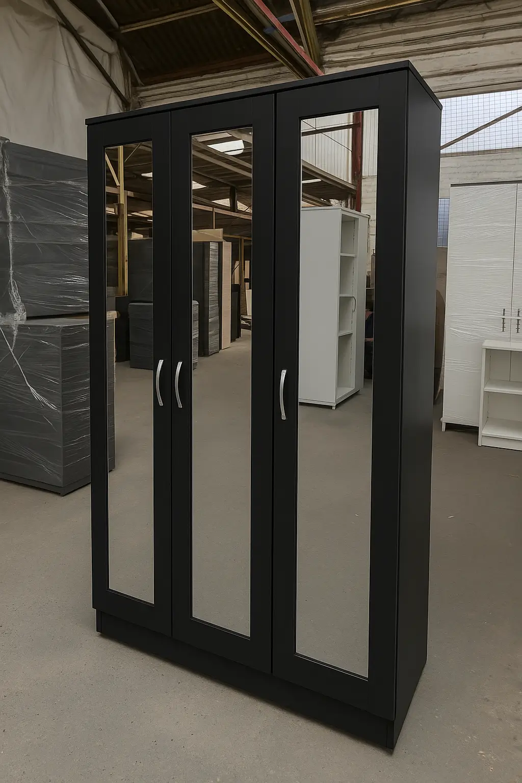 Black Wardrobe with 3 Mirrored Doors