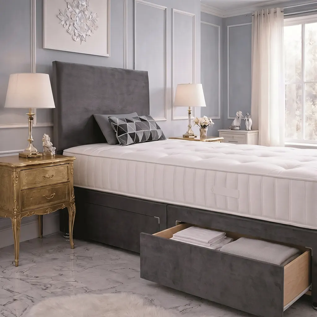 Single Grey Divan Bed With 2 Drawers – Headboard & Mattress