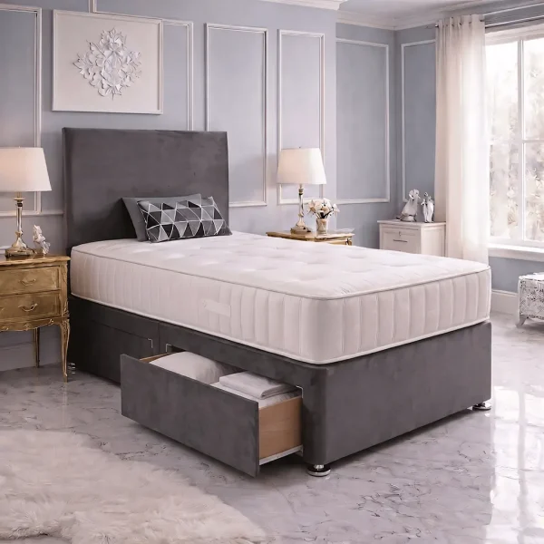 Single Grey Divan Bed With 2 Drawers – Headboard & Mattress