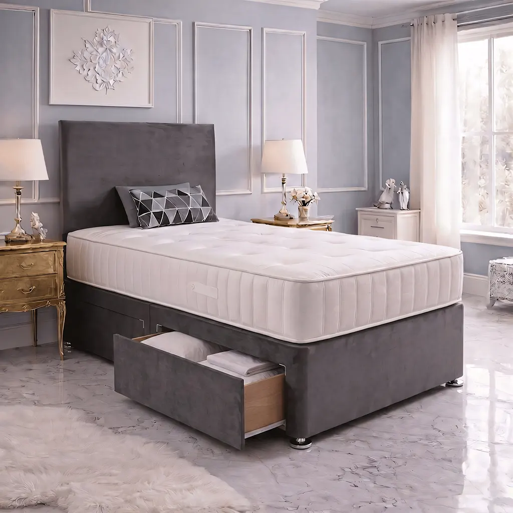 Single Grey Divan Bed With 2 Drawers – Headboard & Mattress