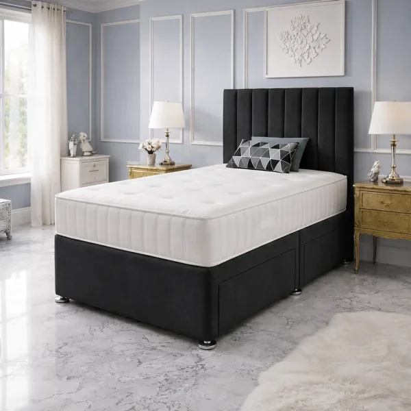 Single Black Bed With Panel Headboard – Mattress & Storage