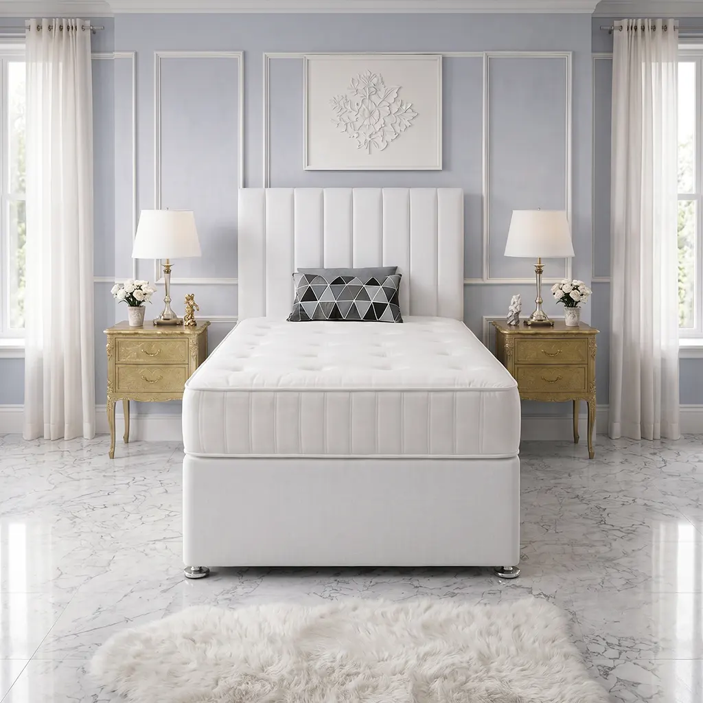 Single White Divan Bed With Panel Headboard – Mattress & Storage