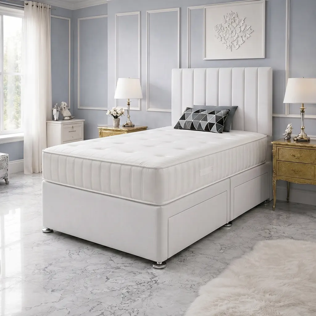 Single White Divan Bed With Panel Headboard – Mattress & Storage