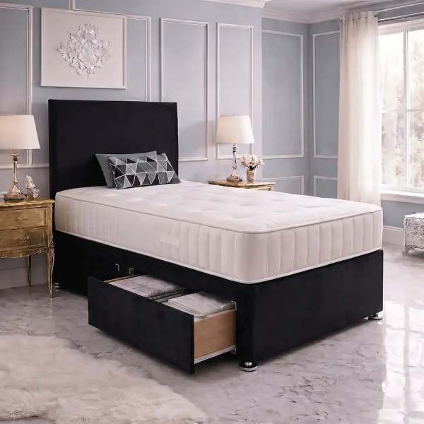 Single Black Divan Bed With 2 drawers – Headboard & Mattress