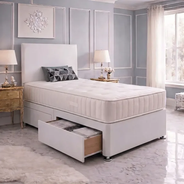 Single white Divan Bed With 2 Drawers – Headboard & Mattress