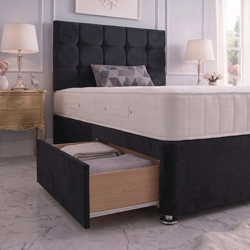 Single Black Bed With 2 drawers – Mattress & Cubic Headboard