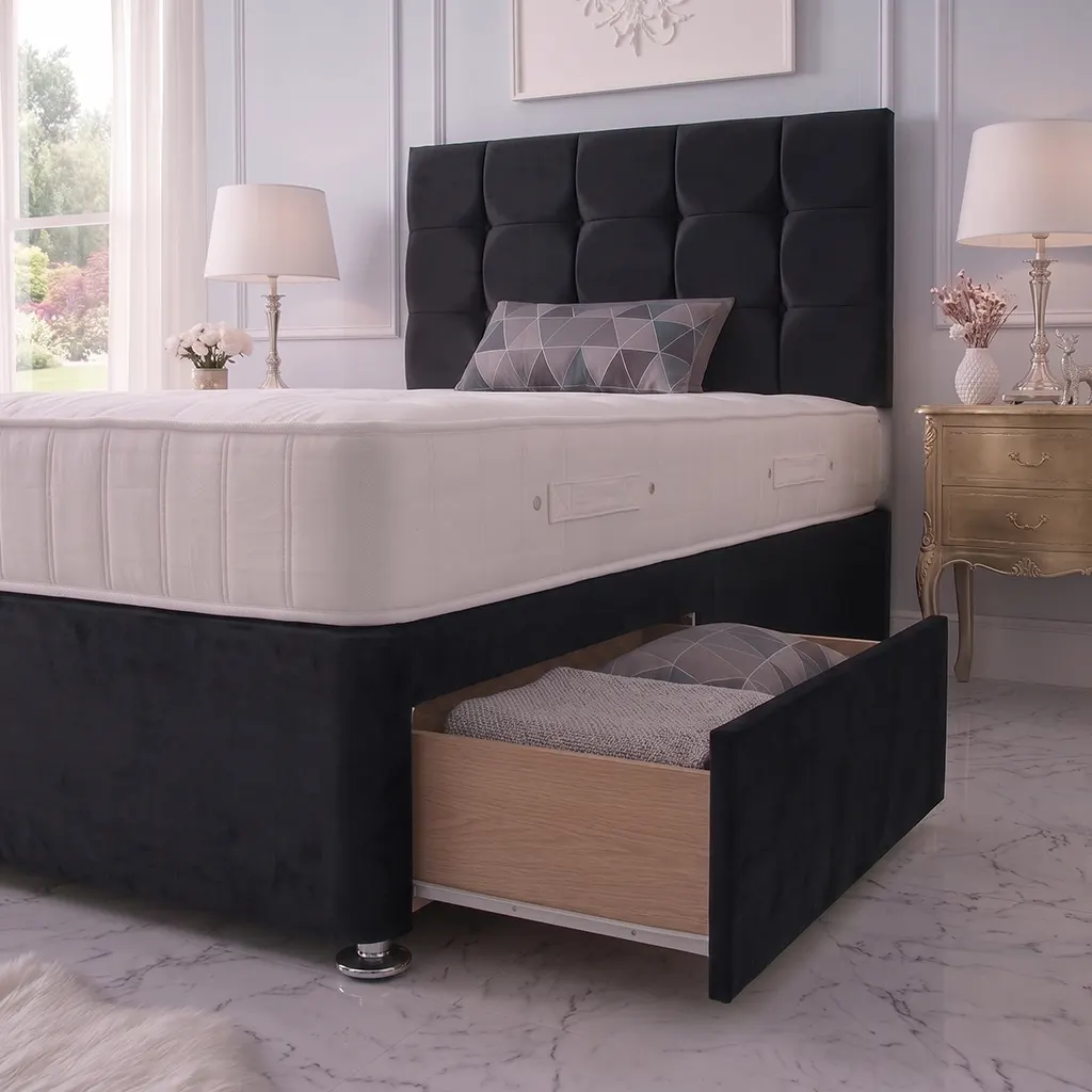 Single Black Bed With 2 drawers – Mattress & Cubic Headboard