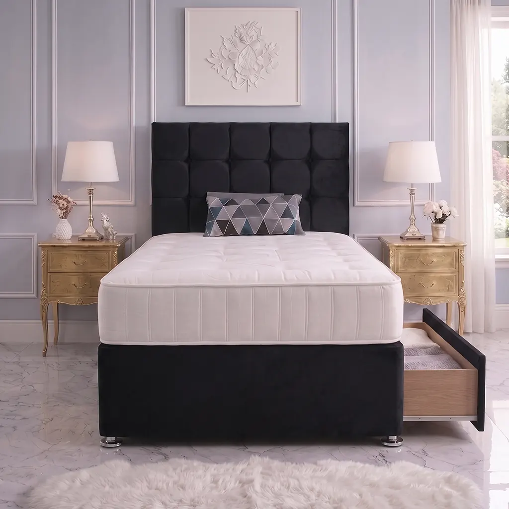Single Black Bed With 2 drawers – Mattress & Cubic Headboard