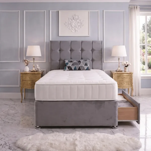 Single Grey Bed With 2 drawers – Mattress & Cubic Headboard
