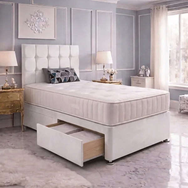 Single White Bed With 2 drawers – Mattress & Cubic Headboard