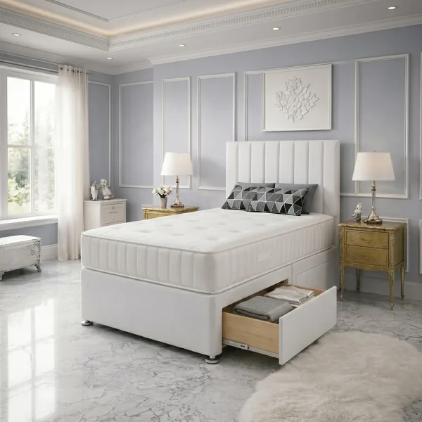 Single White Divan Bed With 2 Drawers – Mattress & Panel Headboard