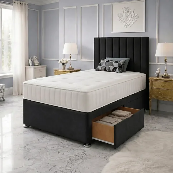 Black Single Upholstered Panel Bed with Mattress & 2 Drawers