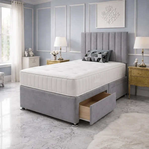 Single Grey Divan Bed With 2 Drawers – Mattress & Panel Headboard