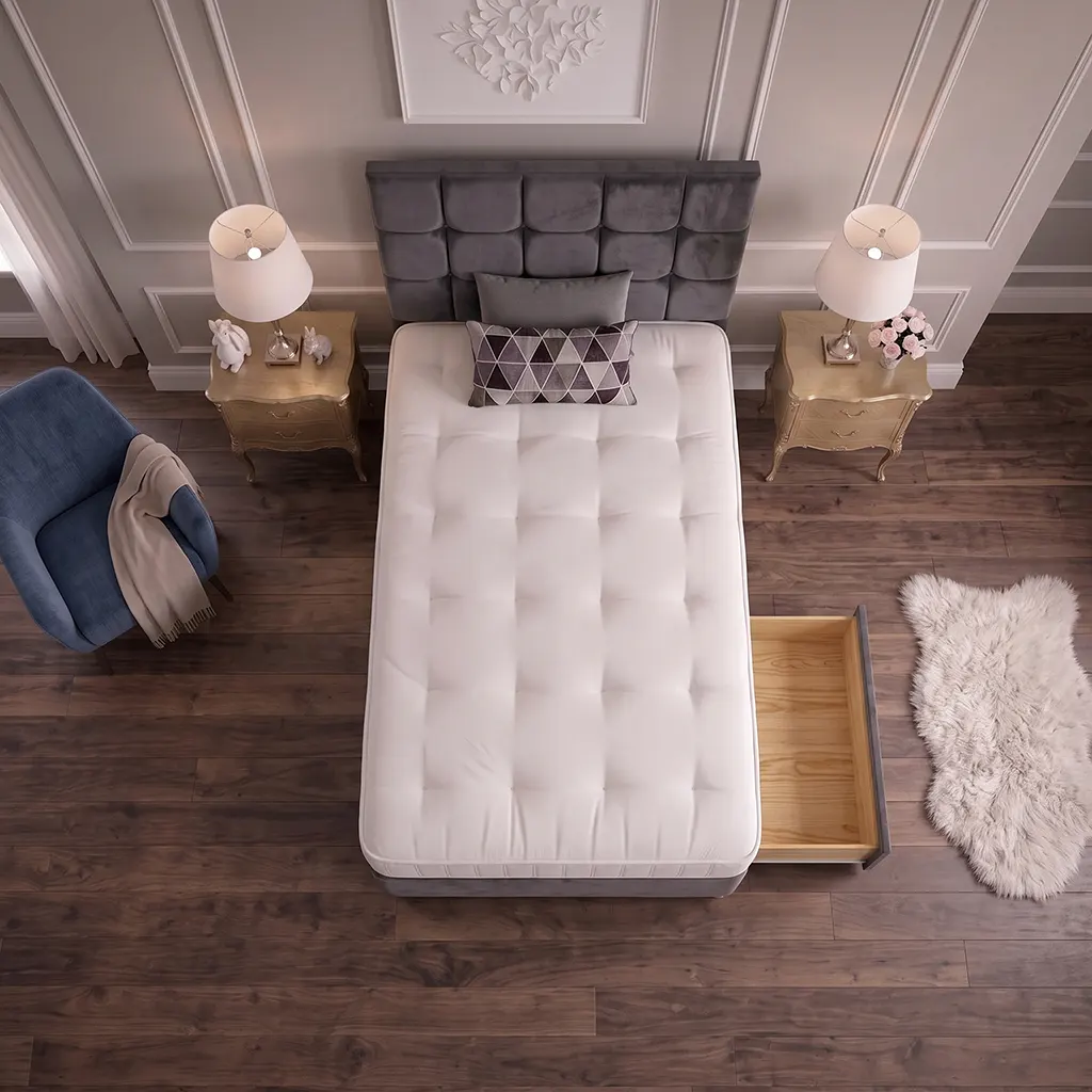 Grey 4FT Small Double Bed with 2 Drawer Cubic Headboard & Mattress