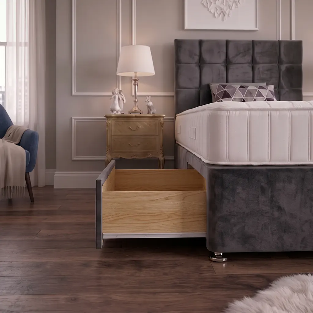 Grey 4FT Small Double Bed with 2 Drawer Cubic Headboard & Mattress