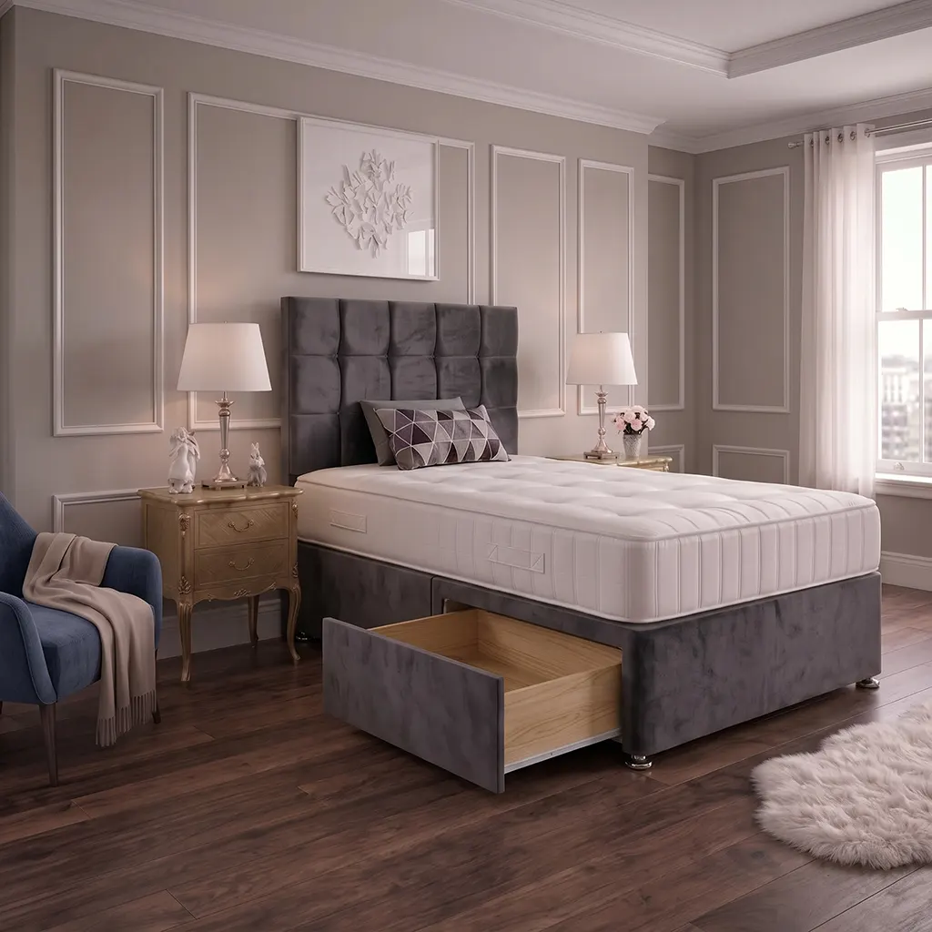 Grey 4FT Small Double Bed with 2 Drawer Cubic Headboard & Mattress