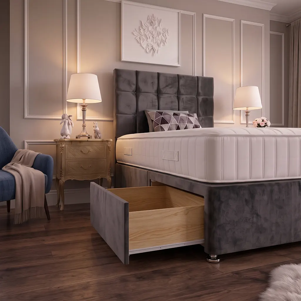 Grey 4FT Small Double Bed with 2 Drawer Cubic Headboard & Mattress