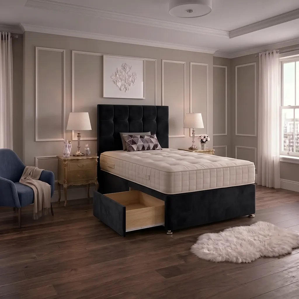 Black 4FT Small Double Divan Bed with 2 Drawers, Cubic Headboard & Mattress