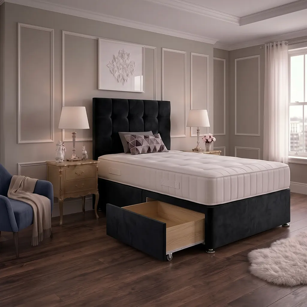 Black 4FT Small Double Divan Bed with 2 Drawers, Cubic Headboard & Mattress