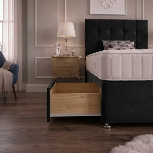Black 4FT Small Double Divan Bed with 2 Drawers, Cubic Headboard & Mattress