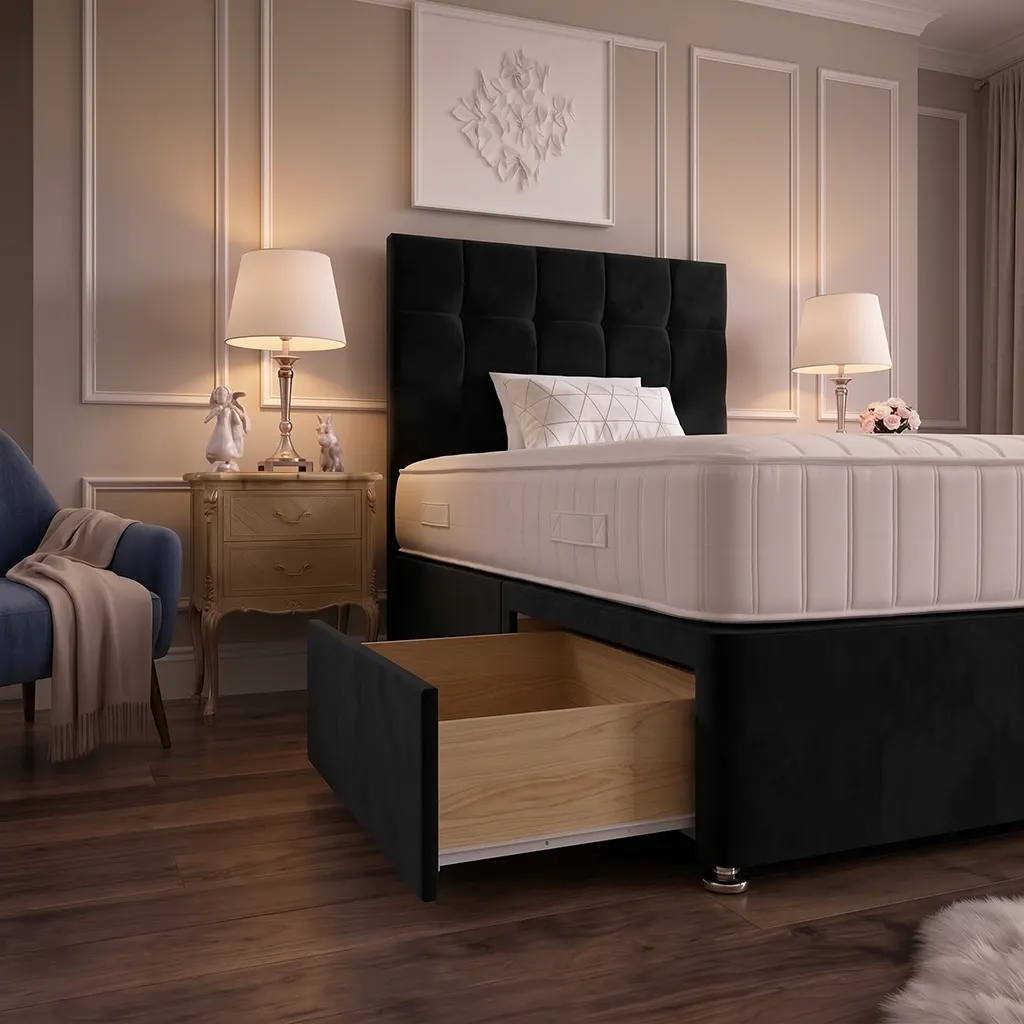 Black 4FT Small Double Divan Bed with 2 Drawers, Cubic Headboard & Mattress