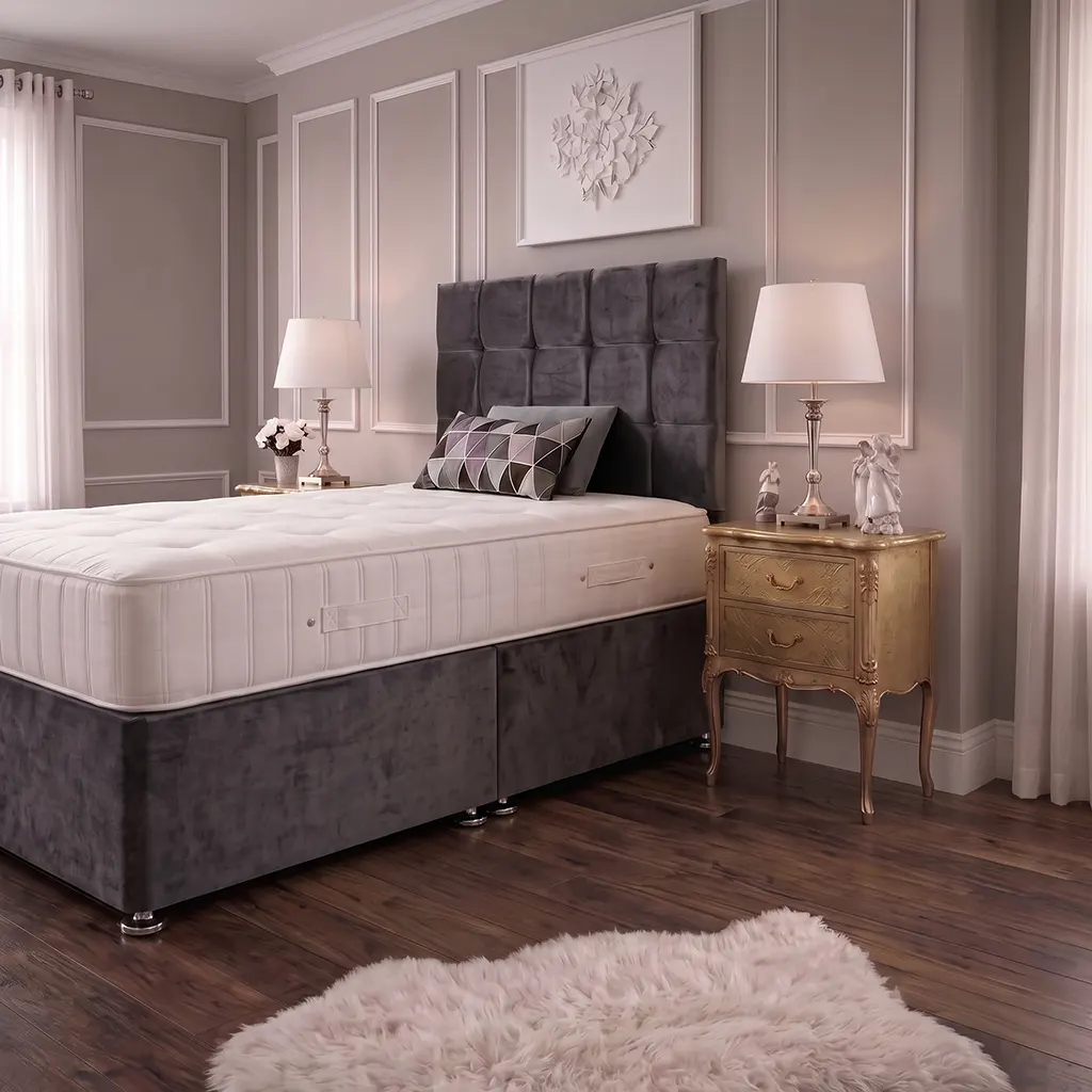 Grey 4FT Small Double Bed with Cubic Headboard & Mattress