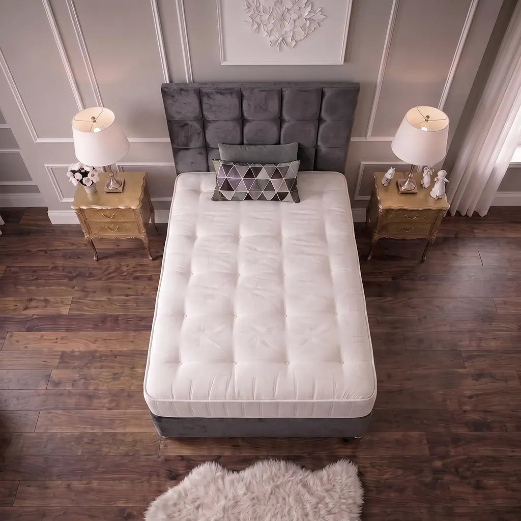 Grey 4FT Small Double Bed with Cubic Headboard & Mattress