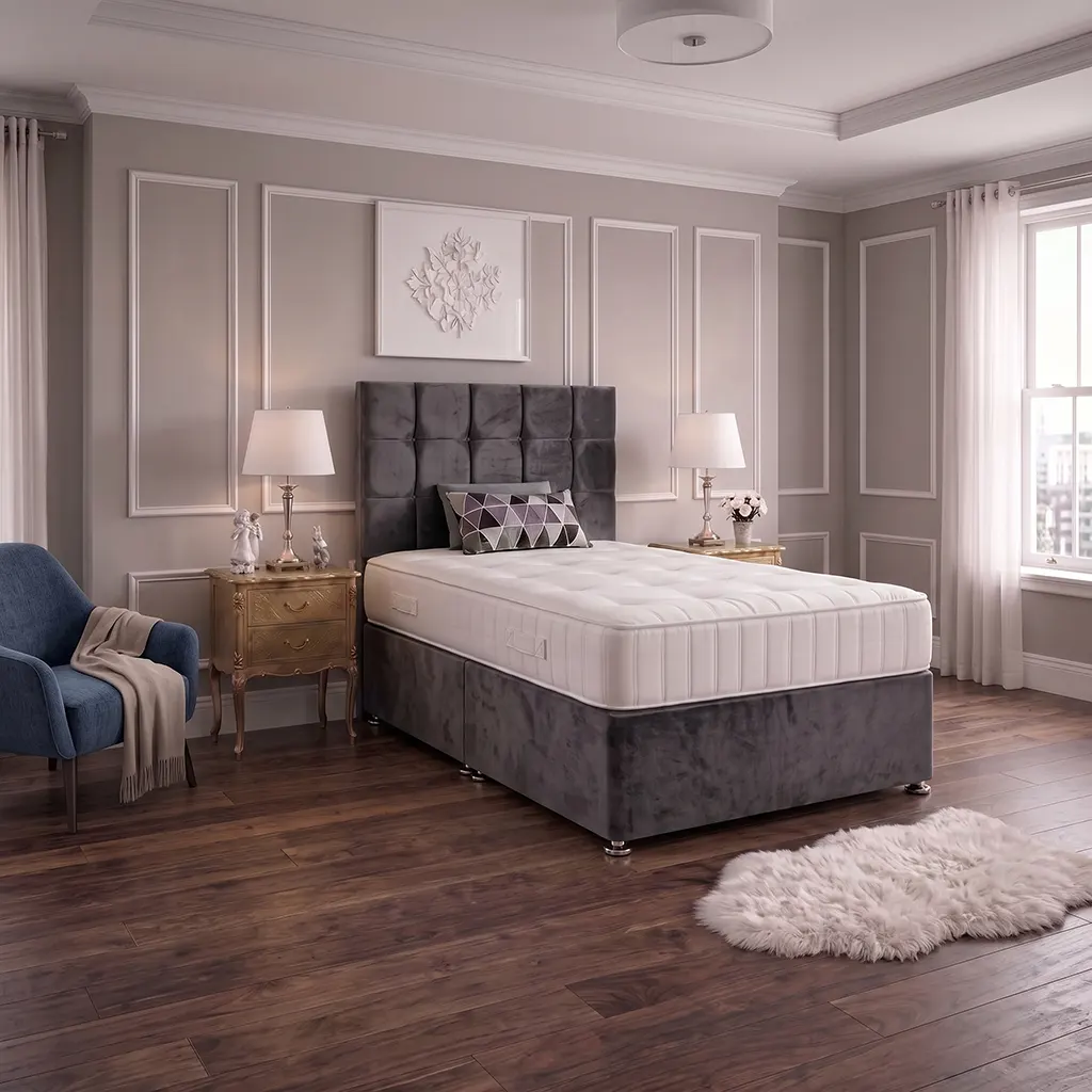 Grey 4FT Small Double Bed with Cubic Headboard & Mattress