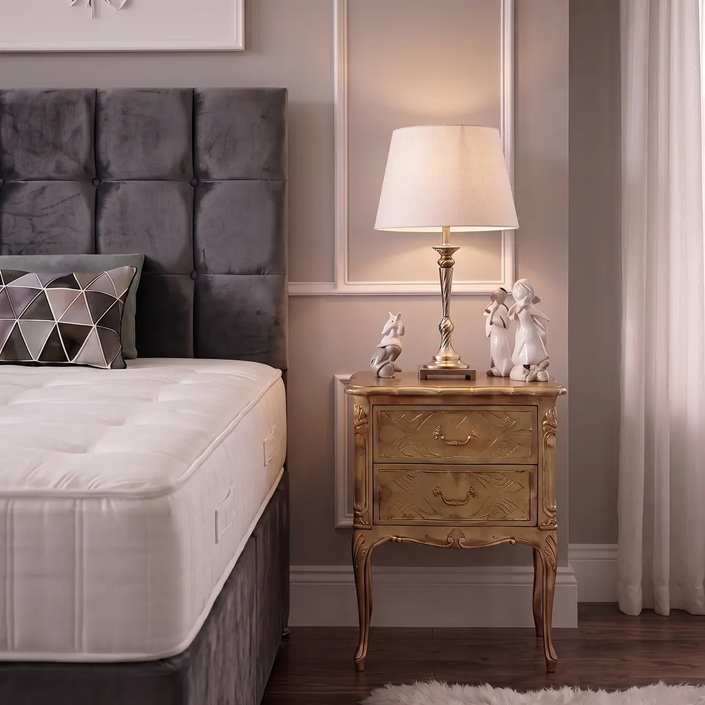 Grey 4FT Small Double Bed with Cubic Headboard & Mattress
