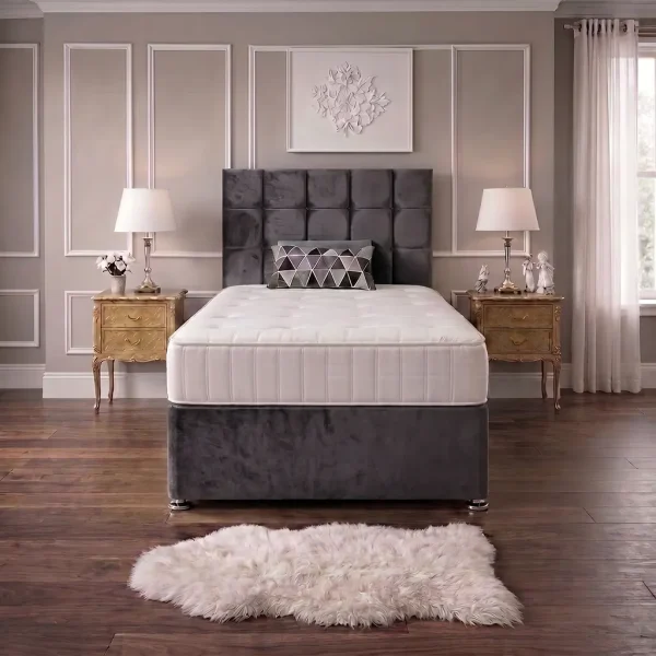 Grey 4FT Small Double Bed with Cubic Headboard & Mattress