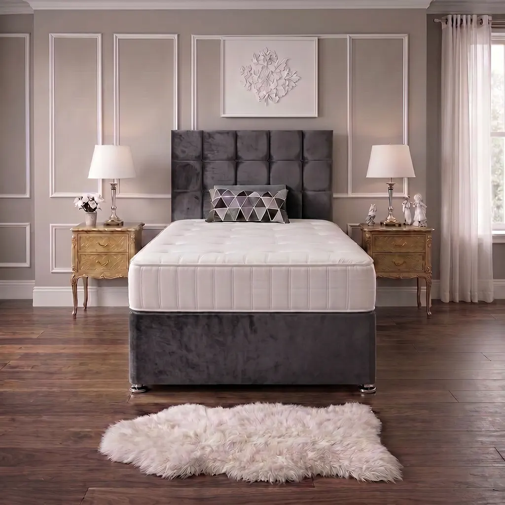 Grey 4FT Small Double Bed with Cubic Headboard & Mattress