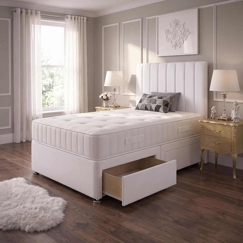 White 4FT Small Double Divan Bed with 2 Drawers, Panel Headboard & Mattress