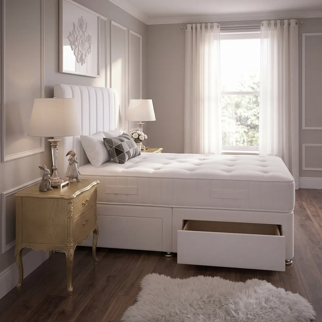 White 4FT Small Double Divan Bed with 2 Drawers, Panel Headboard & Mattress