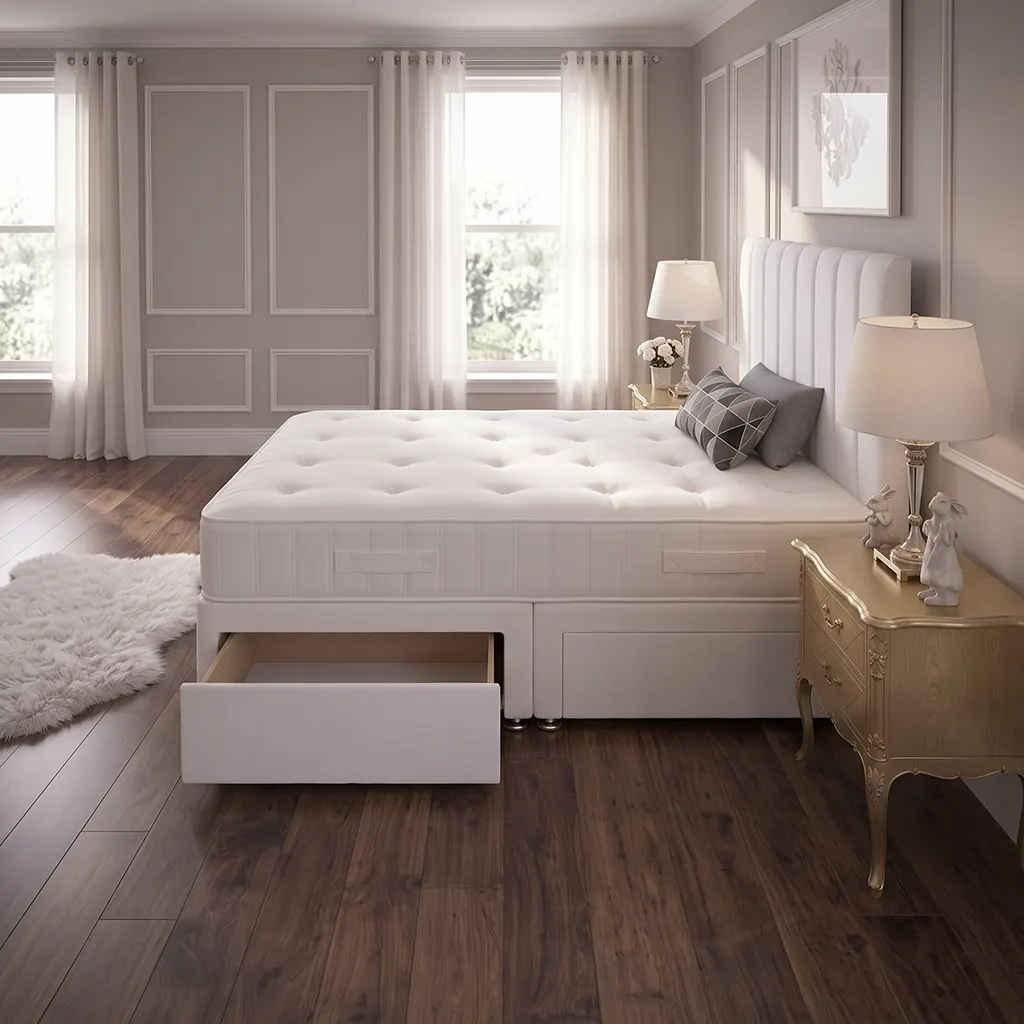 White 4FT Small Double Divan Bed with 2 Drawers, Panel Headboard & Mattress