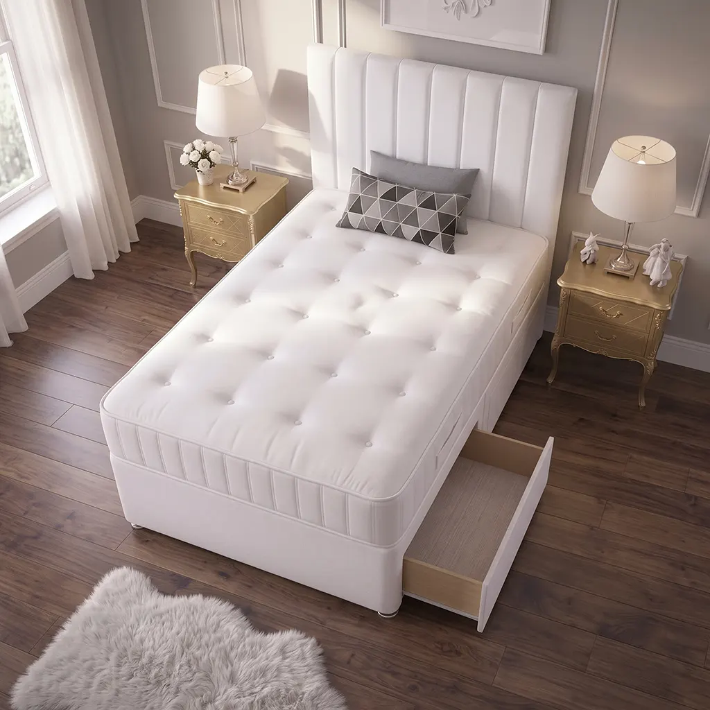 White 4FT Small Double Divan Bed with 2 Drawers, Panel Headboard & Mattress