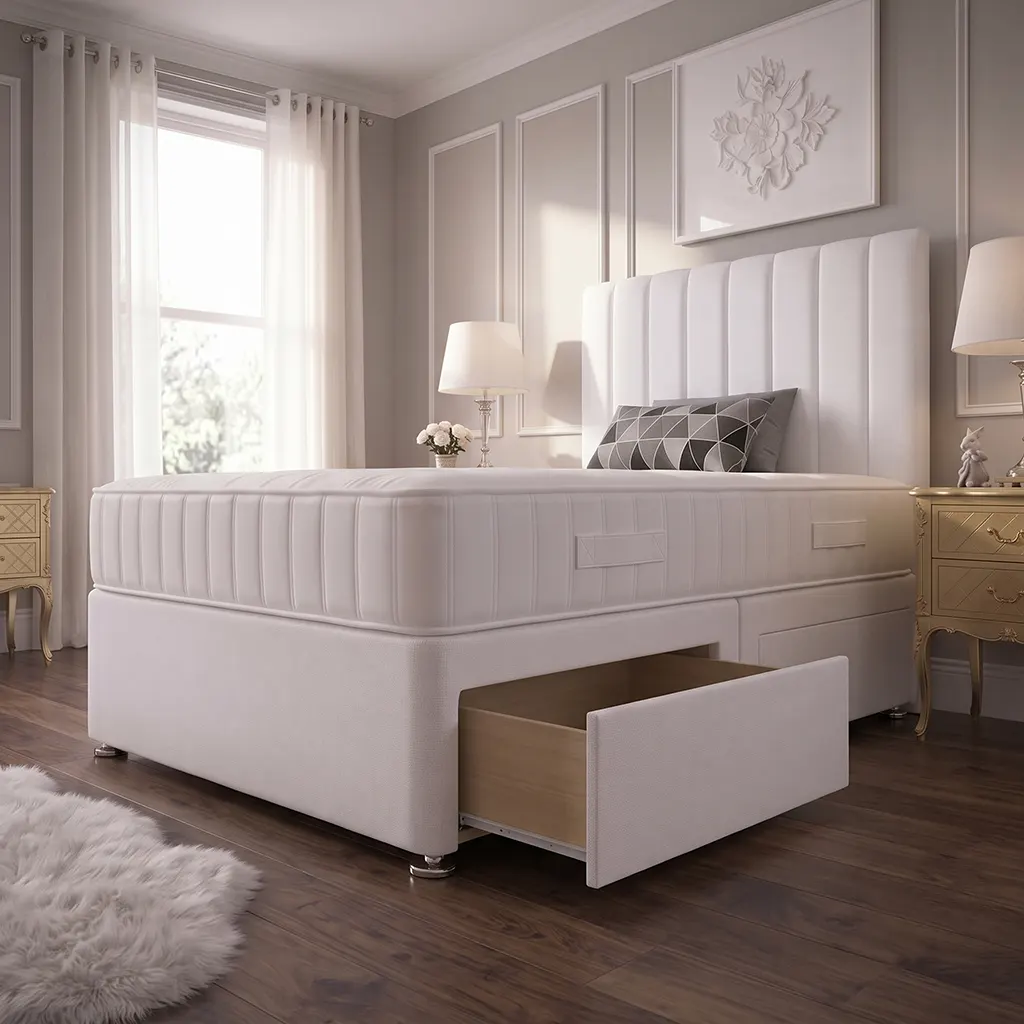 White 4FT Small Double Divan Bed with 2 Drawers, Panel Headboard & Mattress