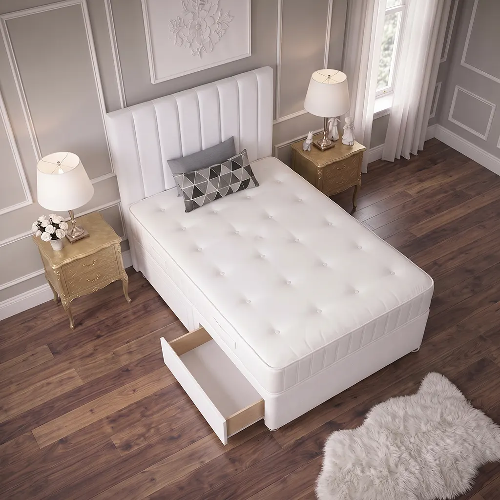 White 4FT Small Double Divan Bed with 2 Drawers, Panel Headboard & Mattress