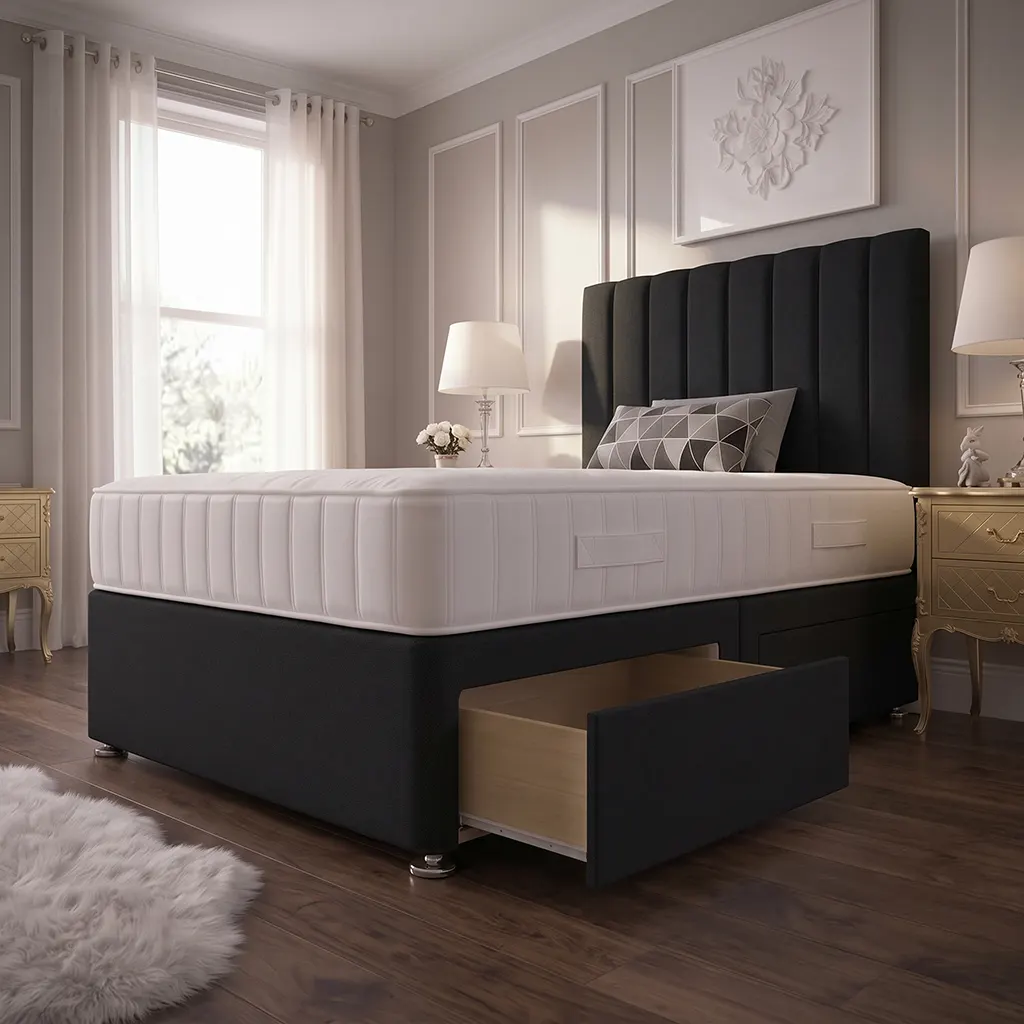 Black 4FT Small Double Divan Bed with 2 Drawers, Panel Headboard & Mattress