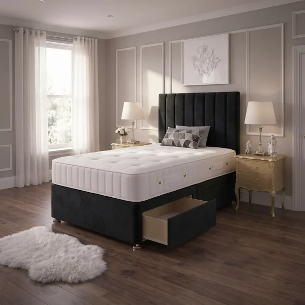 Black 4FT Small Double Divan Bed with 2 Drawers, Panel Headboard & Mattress