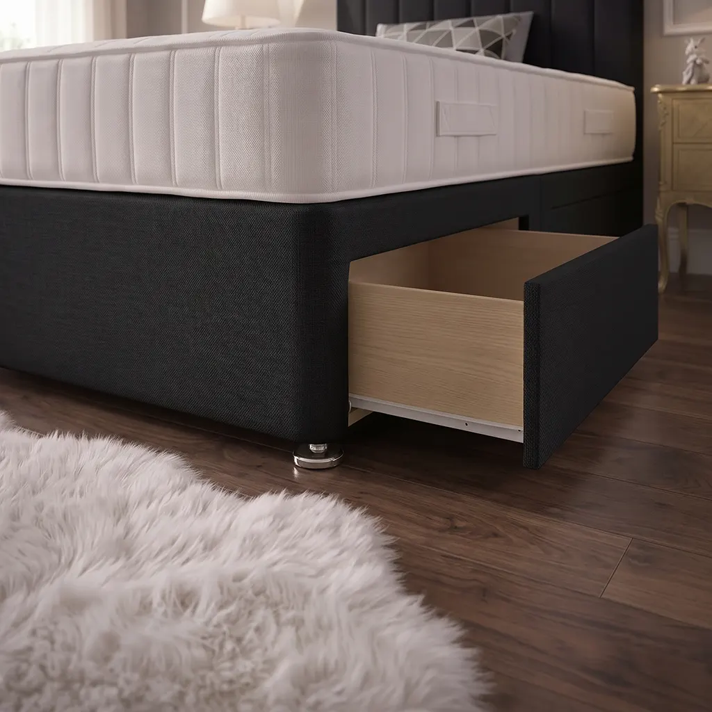 Black 4FT Small Double Divan Bed with 2 Drawers, Panel Headboard & Mattress