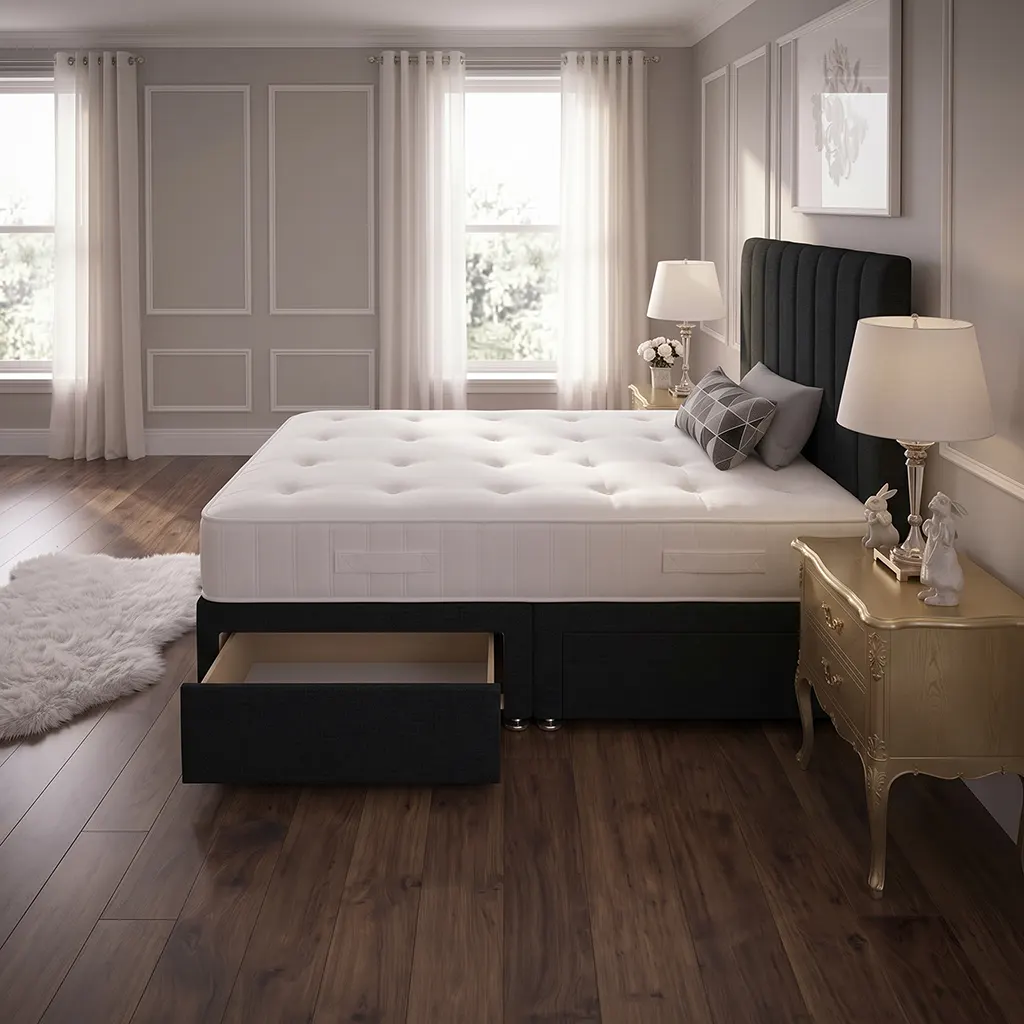 Black 4FT Small Double Divan Bed with 2 Drawers, Panel Headboard & Mattress